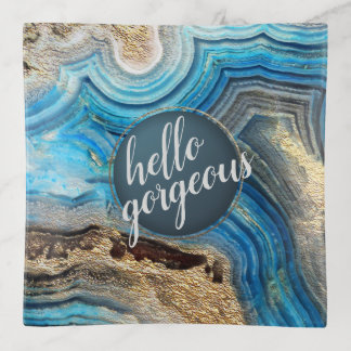 Blue agate geode modern aqua gold trinket dish