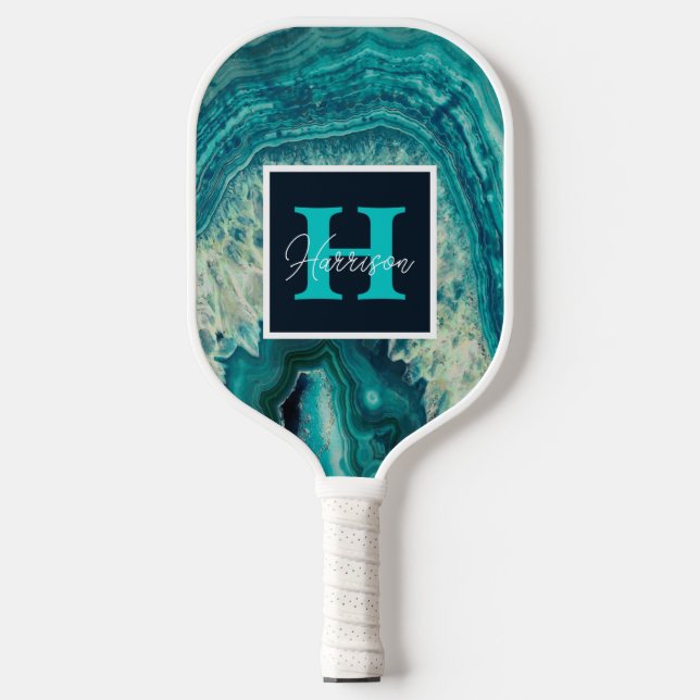 Blue Agate Geode Monogram & Name Personalized  Pickleball Paddle (Front)