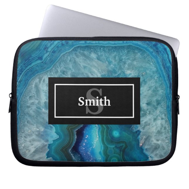 Blue Agate Geode Rock with Name and Monogram Laptop Sleeve (Front)