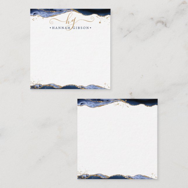 Blue Agate Geode Script Monogram Gold Glitter Note Card (Front/Back)