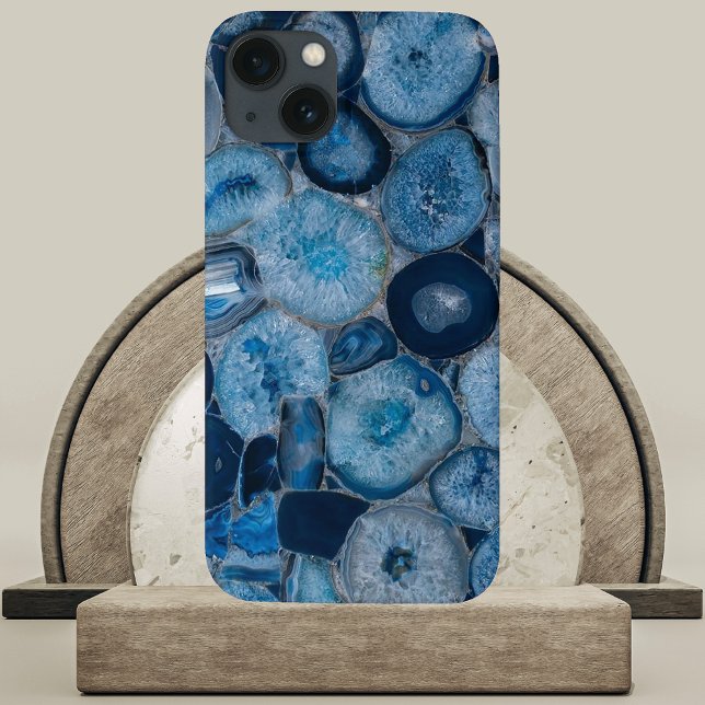 Blue Agate Geode Slices Case-Mate iPhone Case (Blue Agate Geode Slices Phone Case on Marble and Wood Podium
)