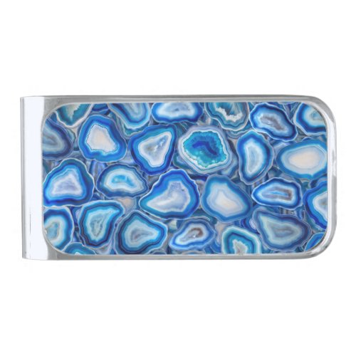 Blue Agate Geodes crystals pattern Silver Finish Money Clip