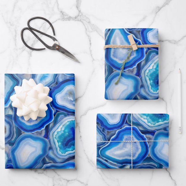 Blue Agate Geodes crystals pattern Wrapping Paper Sheets (Front)