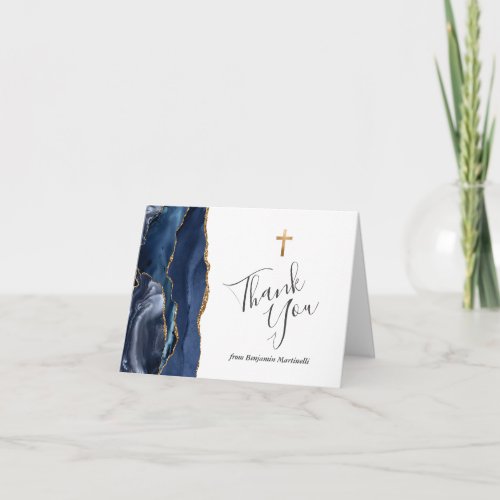 Blue Agate Gold First Communion Thank You Card