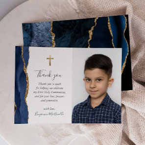 Blue Agate Gold First Communion Thank You Card