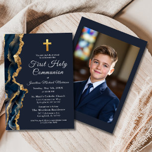 Blue Agate Gold First Holy Communion Photo Invitation