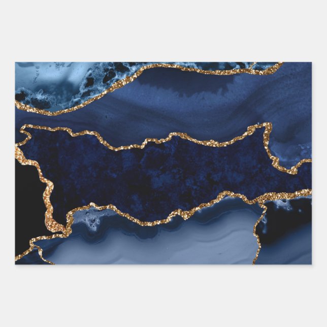 Blue Agate Gold Glitter Abstract Marble Art Wrapping Paper Sheets (Front)