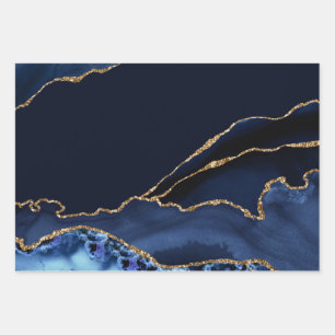 Blue Agate Gold Glitter Abstract Marble Art Wrapping Paper Sheets