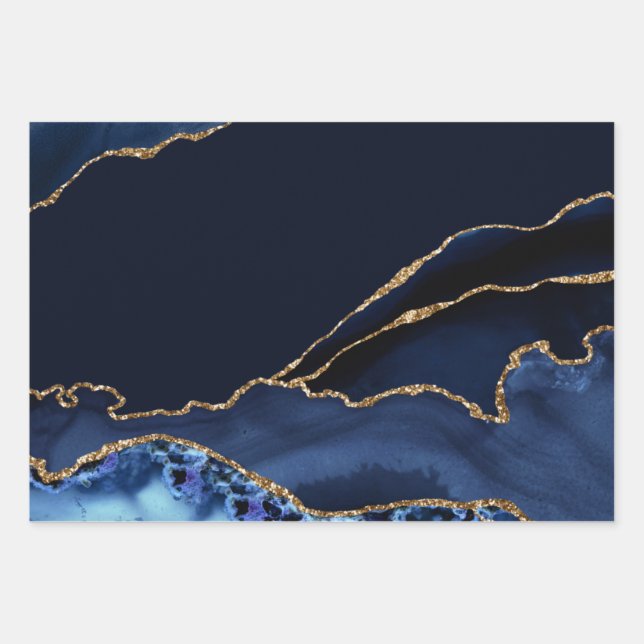 Blue Agate Gold Glitter Abstract Marble Art Wrapping Paper Sheets (Front)