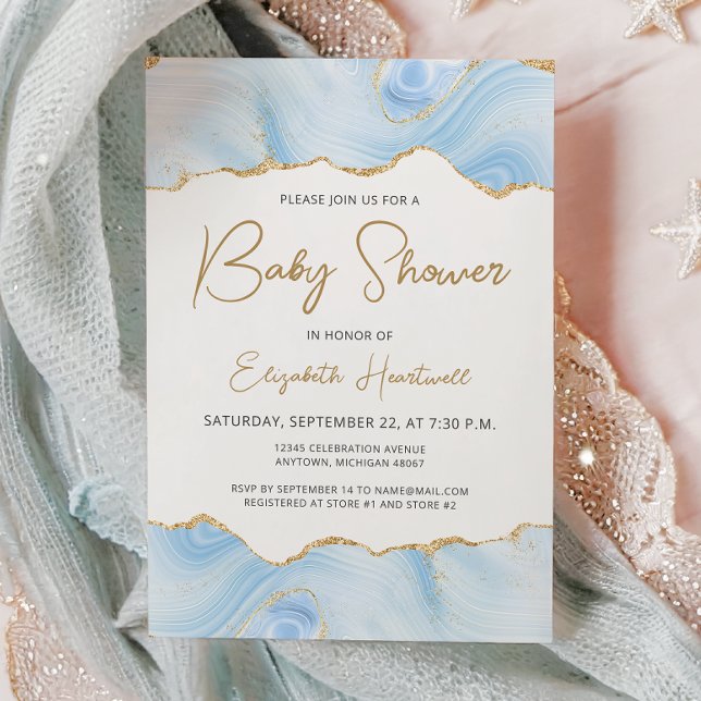 Blue Agate Gold Glitter Boy Baby Shower Invitation (Creator Uploaded)