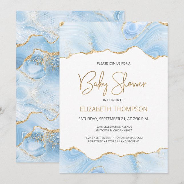 Blue Agate Gold Glitter Boy Baby Shower Invitation (Front/Back)