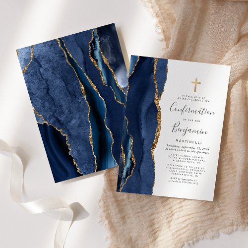  Blue Agate Gold Glitter Confirmation Invitation