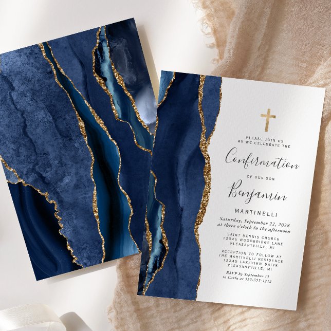  Blue Agate Gold Glitter Confirmation Invitation (Creator Uploaded)