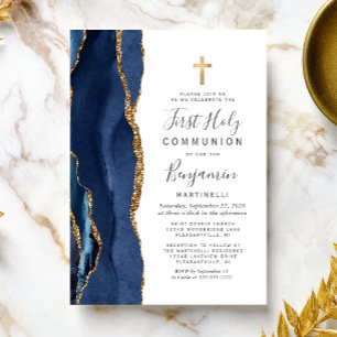  Blue Agate Gold Glitter First Holy Communion Invitation