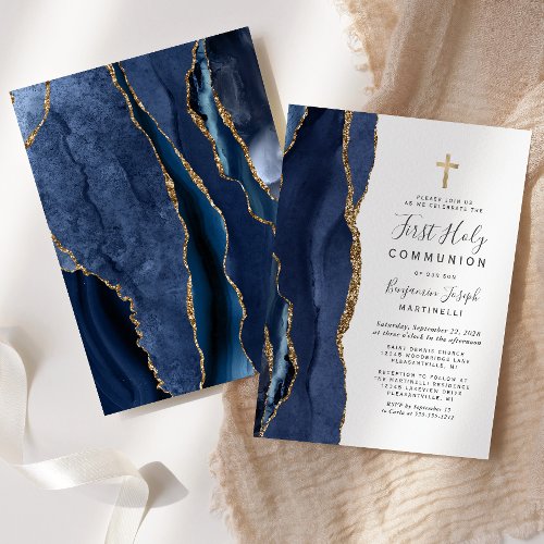  Blue Agate Gold Glitter First Holy Communion Invitation