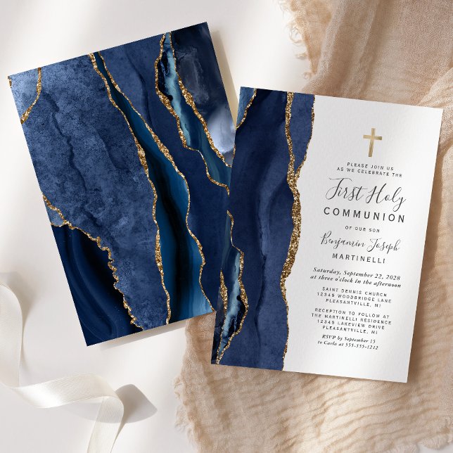  Blue Agate Gold Glitter First Holy Communion Invitation (Creator Uploaded)