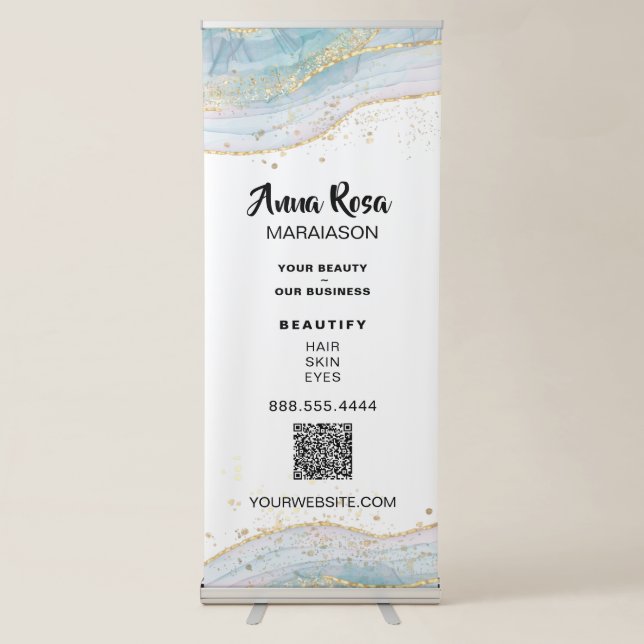 *~* Blue  Agate Gold Glitter QR Beauty Girly Spa Retractable Banner (Front)