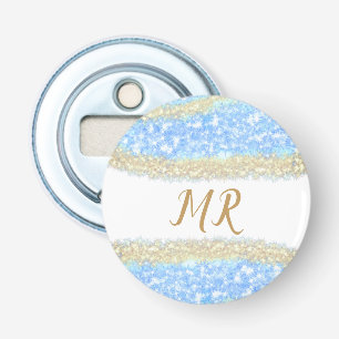 blue agate gold glitter sparkle monogram name text bottle opener