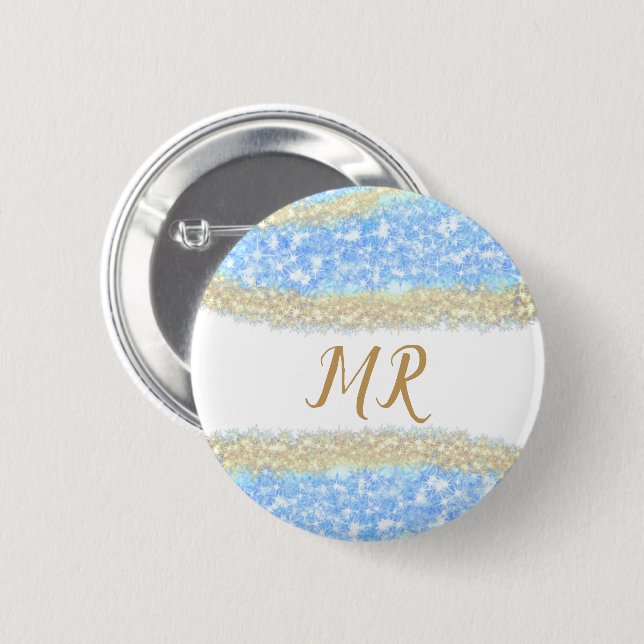 blue agate gold glitter sparkle monogram name text button (Front & Back)