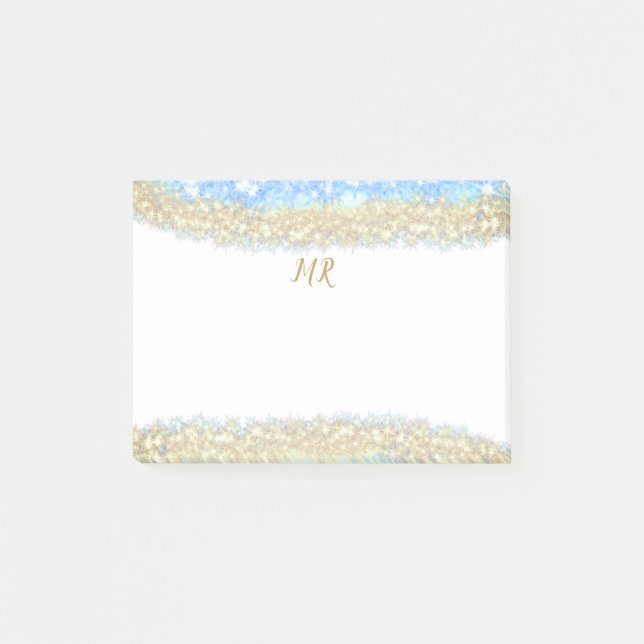 blue agate gold glitter sparkle monogram name text post-it notes (Front)