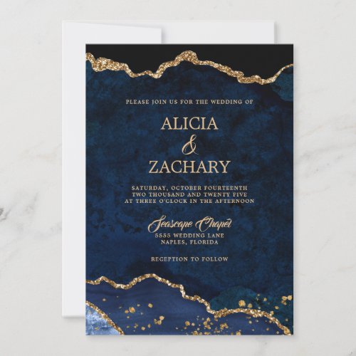 Blue Agate Gold Glitter Wedding Invitation