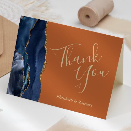 Blue Agate Gold Rust Wedding Thank You Card