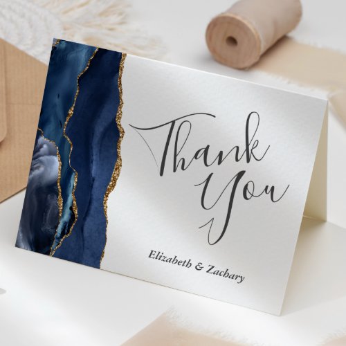 Blue Agate Gold Wedding Thank You Card