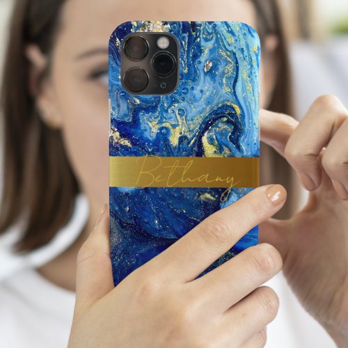 Blue Agate Mable Stone  Gold Add Your Name Custom iPhone 15 Case