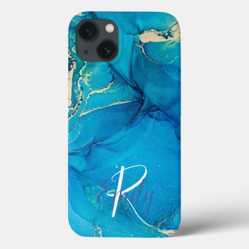 Blue Agate Marble Abstract Name Monogram Name iPhone 13 Case