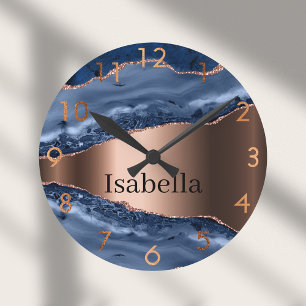 Blue agate marble bronze round clock