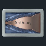 Blue agate marble copper name belt buckle<br><div class="desc">A dark blue and ropper agate,  marble stone print as background. Personalize and add your name.</div>