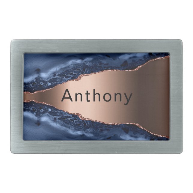 Blue agate marble copper name belt buckle (Front)
