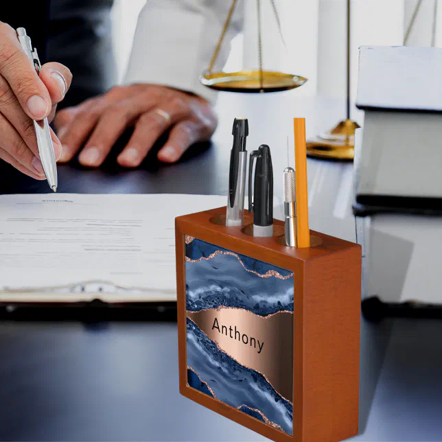 Blue agate marble copper name desk organizer
