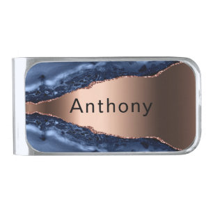 Blue agate marble copper name silver finish money clip