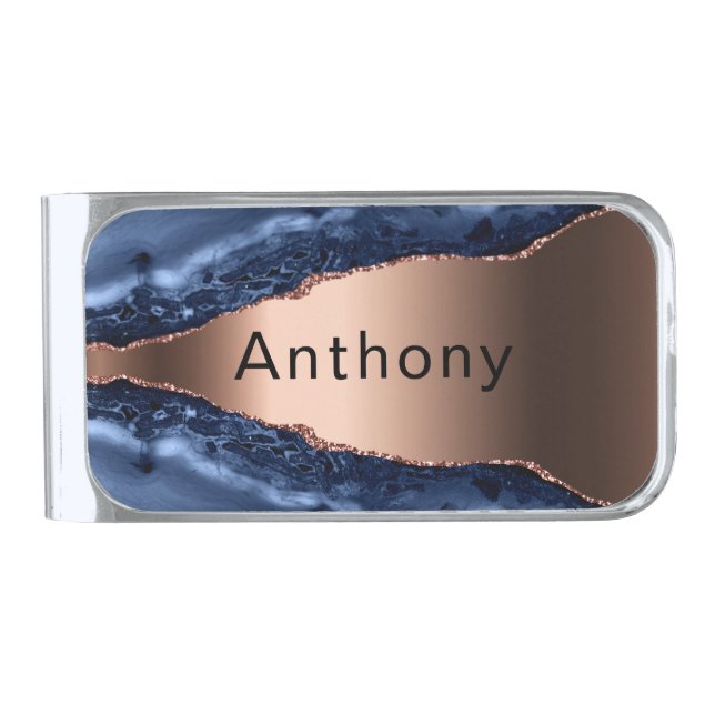 Blue agate marble copper name silver finish money clip (Front)