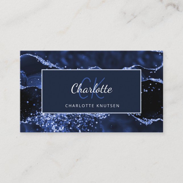 Blue agate marble monogram business card (Front)