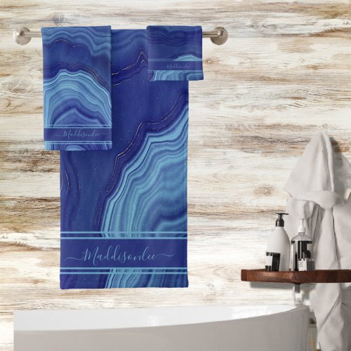 Blue Agate Marble monogram name Bath Towel Set