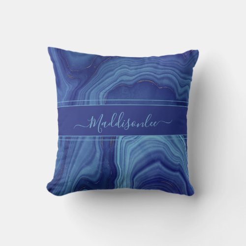 Blue Agate Marble monogram name Throw Pillow