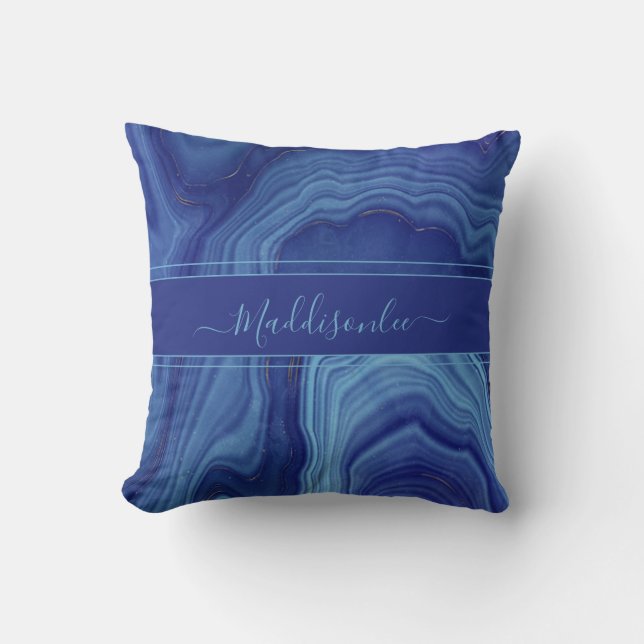 Blue Agate Marble monogram name Throw Pillow (Front)