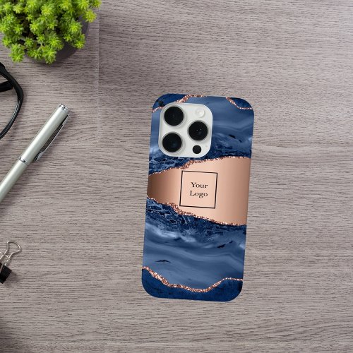 Blue agate marble rose gold business logo iPhone 15 pro case