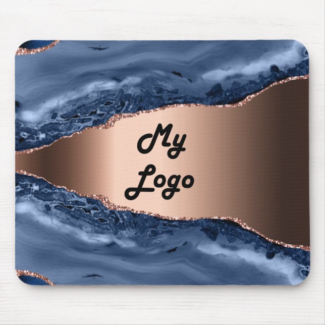 Blue agate marble rose gold business logo mouse pad (Front)
