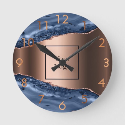 Blue agate marble rose gold business logo round clock