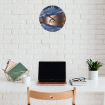 Blue agate marble rose gold business logo round clock<br><div class="desc">A dark blue and rose gold agate,  marble stone print as background Personalize and add your business logo.  Golden numers.</div>