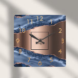Blue agate marble rose gold business logo square wall clock<br><div class="desc">A dark blue and rose gold agate,  marble stone print as background Personalize and add your business logo.  Golden numers.</div>