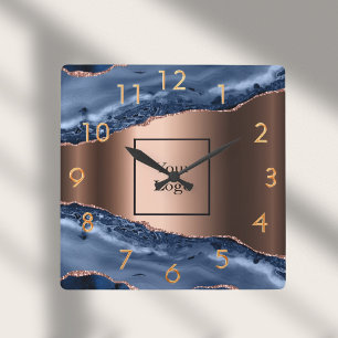 Blue agate marble rose gold business logo square wall clock