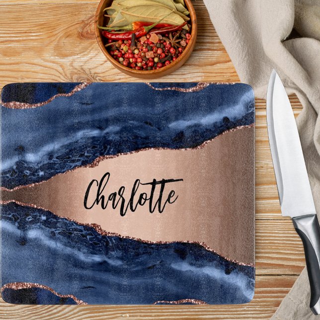 Blue agate marble rose gold name elegant cutting board (Creator Uploaded)