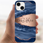 Blue agate marble rose gold name monogram Case-Mate iPhone 14 case<br><div class="desc">A dark blue and rose gold agate,  marble stone print as background Personalize and add your name and monogram initials.</div>