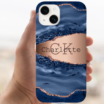 Blue Agate Marble Rose Gold Name Monogram Case-mate Iphone 14 Case by Thunes at Zazzle
