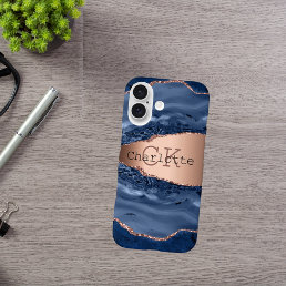 Blue agate marble rose gold name monogram iPhone 16 case