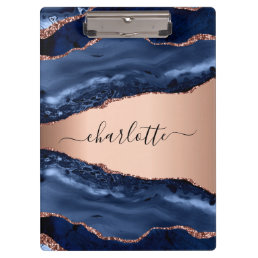 Blue agate marble rose gold name monogram clipboard